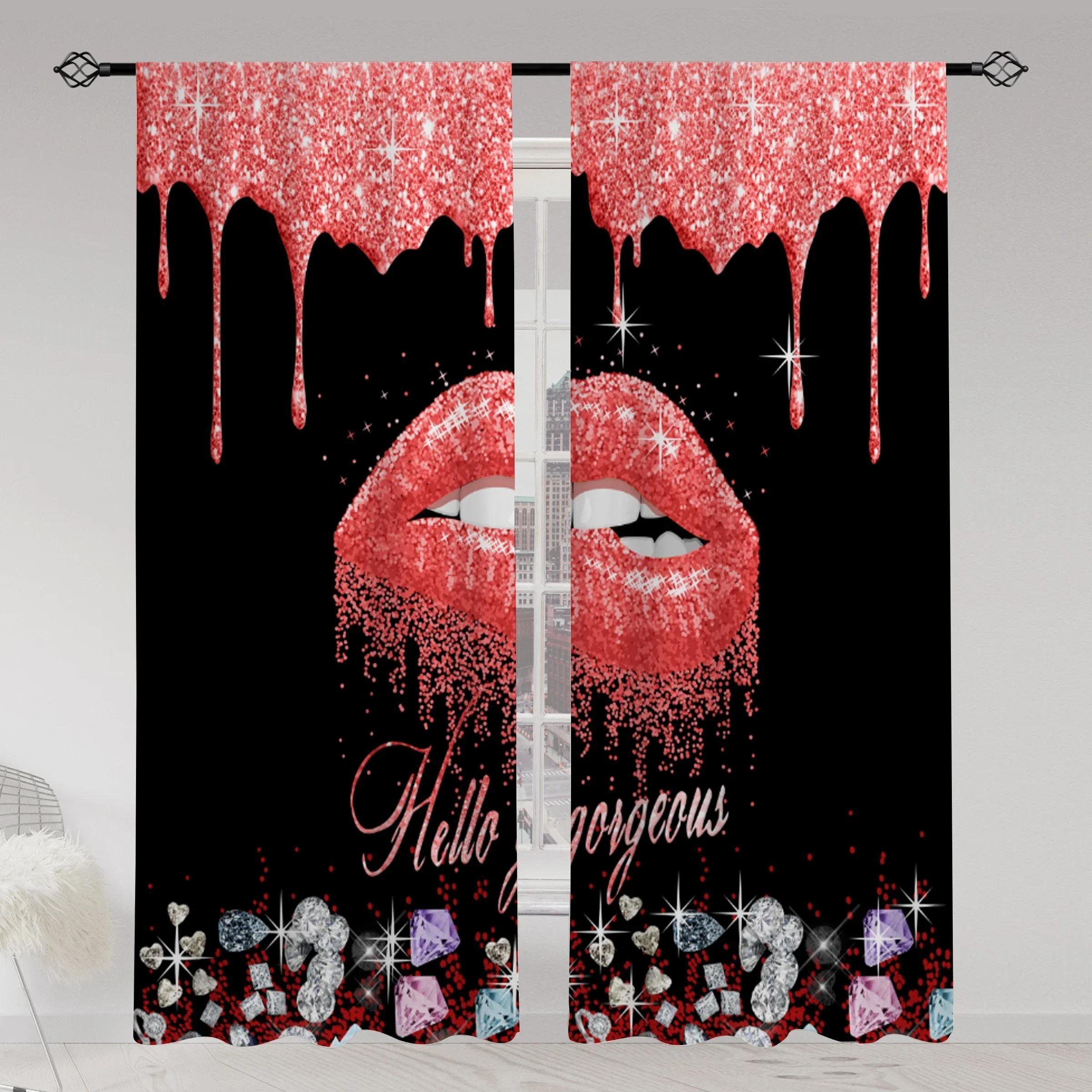 

3D 2pcs Curtains For Beauty Salons Simple Red Lips Makeup Brush Grommet Top Fabric Curtains Decor For Living Room Office Home D 2x50Wx50H(CM)&Grommet Top
