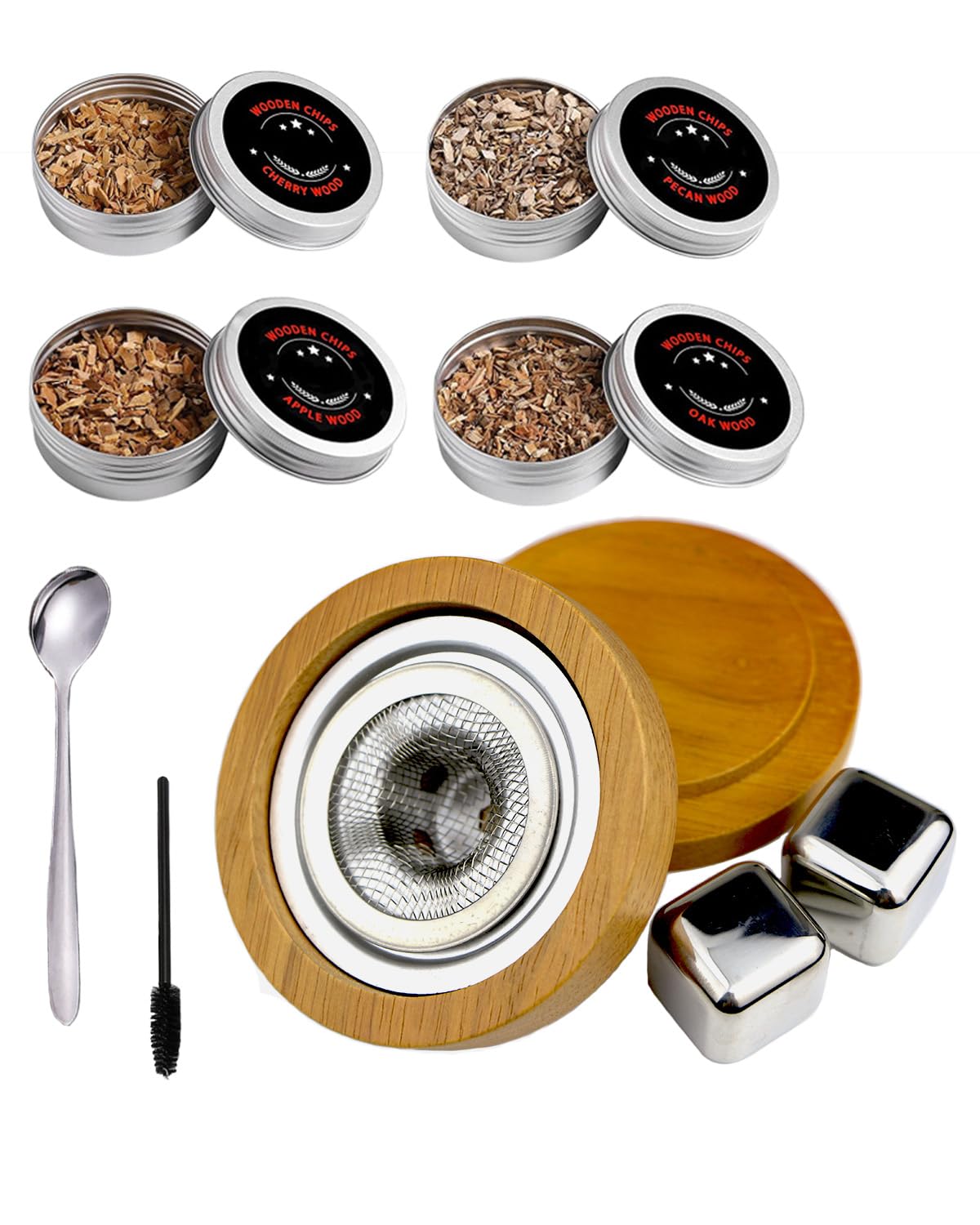 Temiry Cocktail Smoke Whiskey Smoker Home Use Cocktail Smoker Whiskey Smoker Set Cocktail Smoker Kit with 4 Types of Wooden Chips, 2 Ice Cubes, Smoke