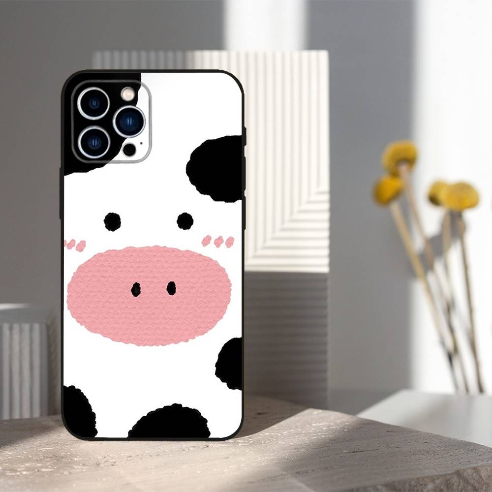 Cute Cartoon Print Cow Phone For iPhone 13,12,15,14,11,16,17,Plus,Pro Max,XS,X,XR,SE,Mini,8,7,Soft Silicone Black
