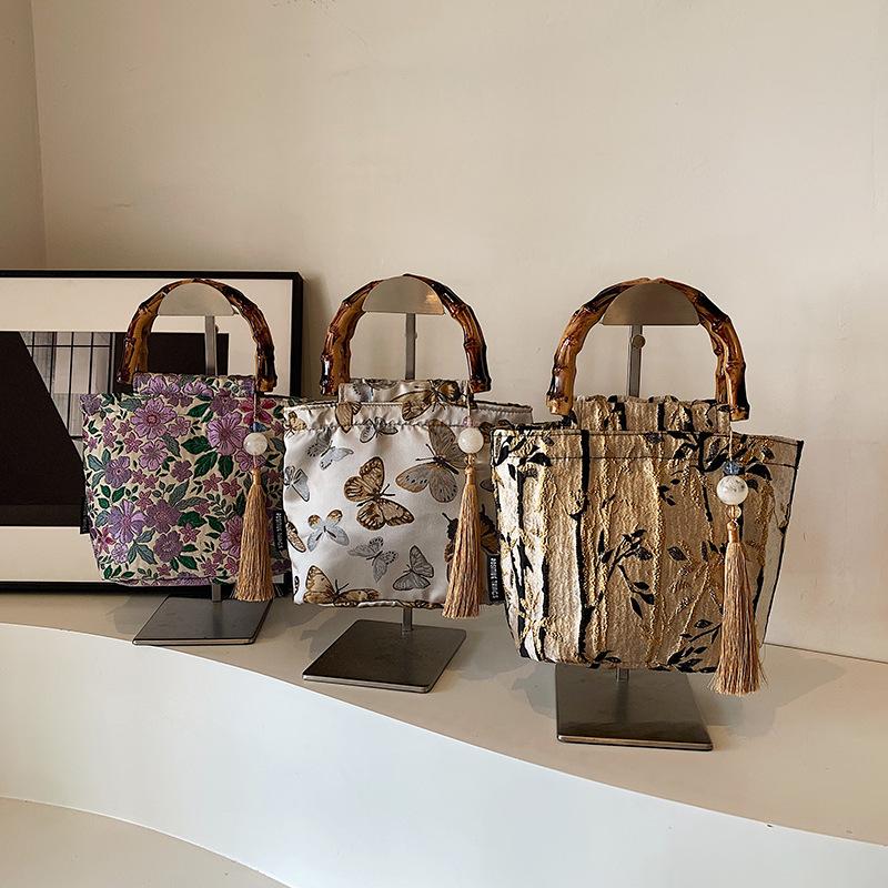 Embroidered Bucket Bag for Women Traditional Style Bamboo Handle Tote Bag New Fashion