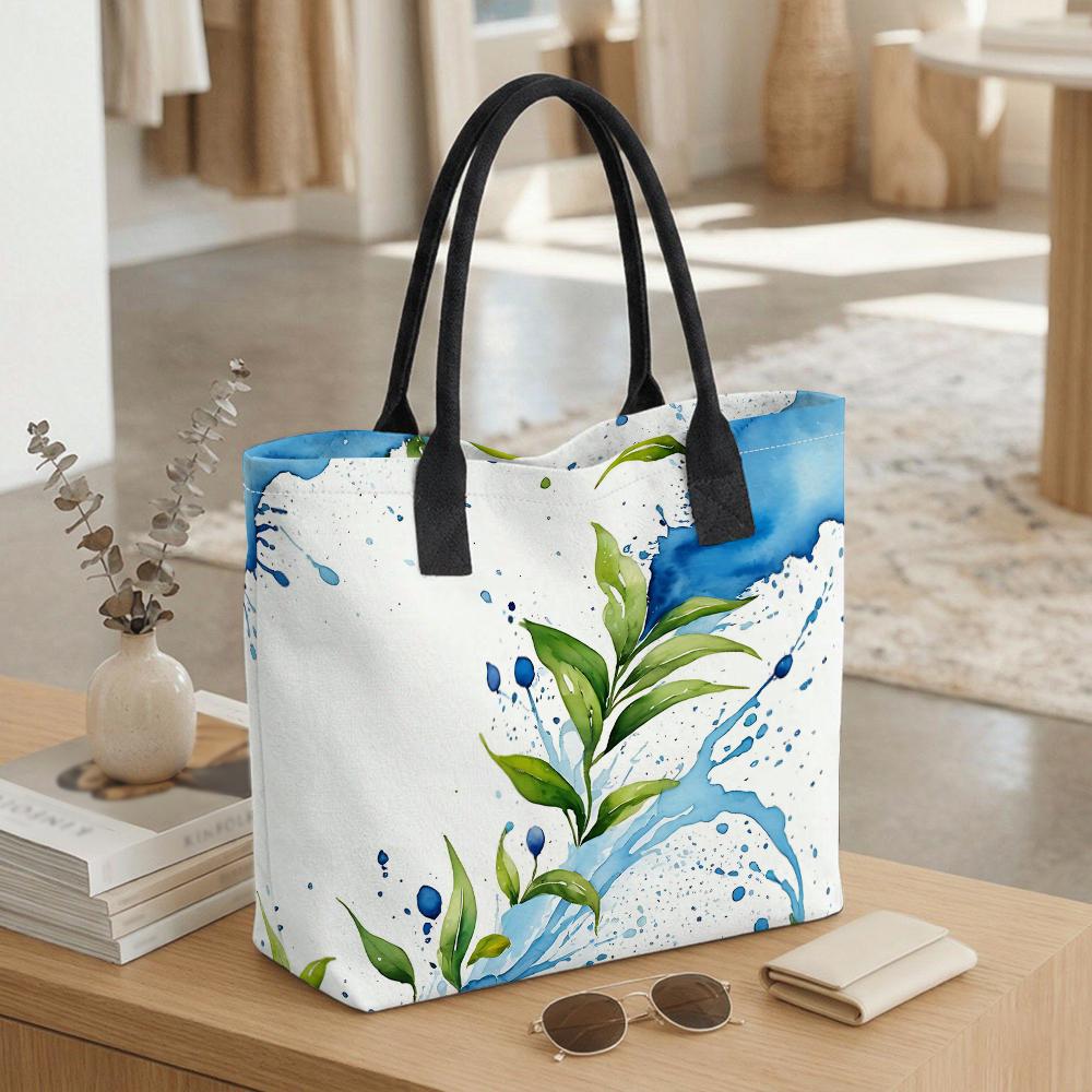 Watercolor Leaf Print Tote Bag Fashion Casual Large Capacity Shoulder Bag for Daily Shopping Travel
