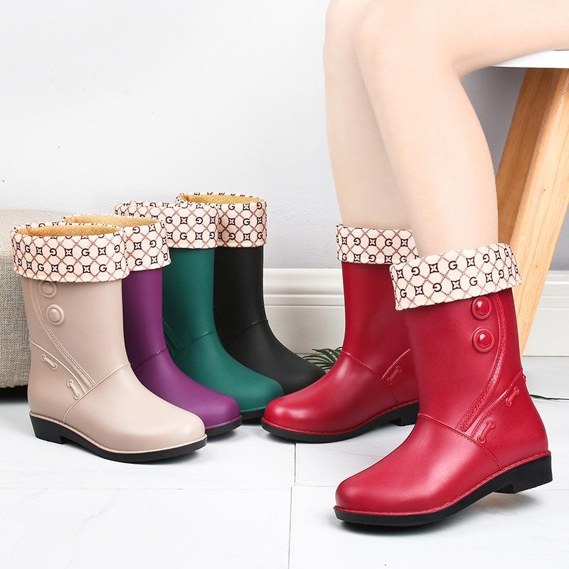 Women's rain shoes medium tube water shoes fashion warm rain boots women's cotton water boots non-slip work rubber shoes car wash kitchen