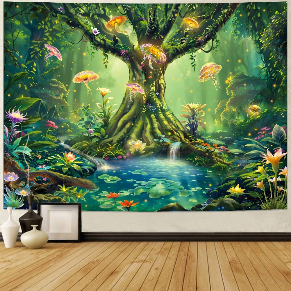 Green Nature Tree Tapestry Fantasy Foresty Tapestry Blacklight Jellyfish Wall Hanging UV Reactive Tree of Life Tapestries Trippy