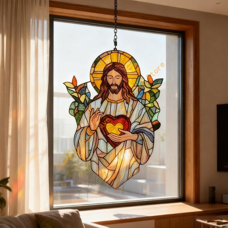 Stained Glass Window Hanging Christ Jesuses Suncatchers Colorful Glass Panel with Metal Chain for Yard Garden Ornament 55KF