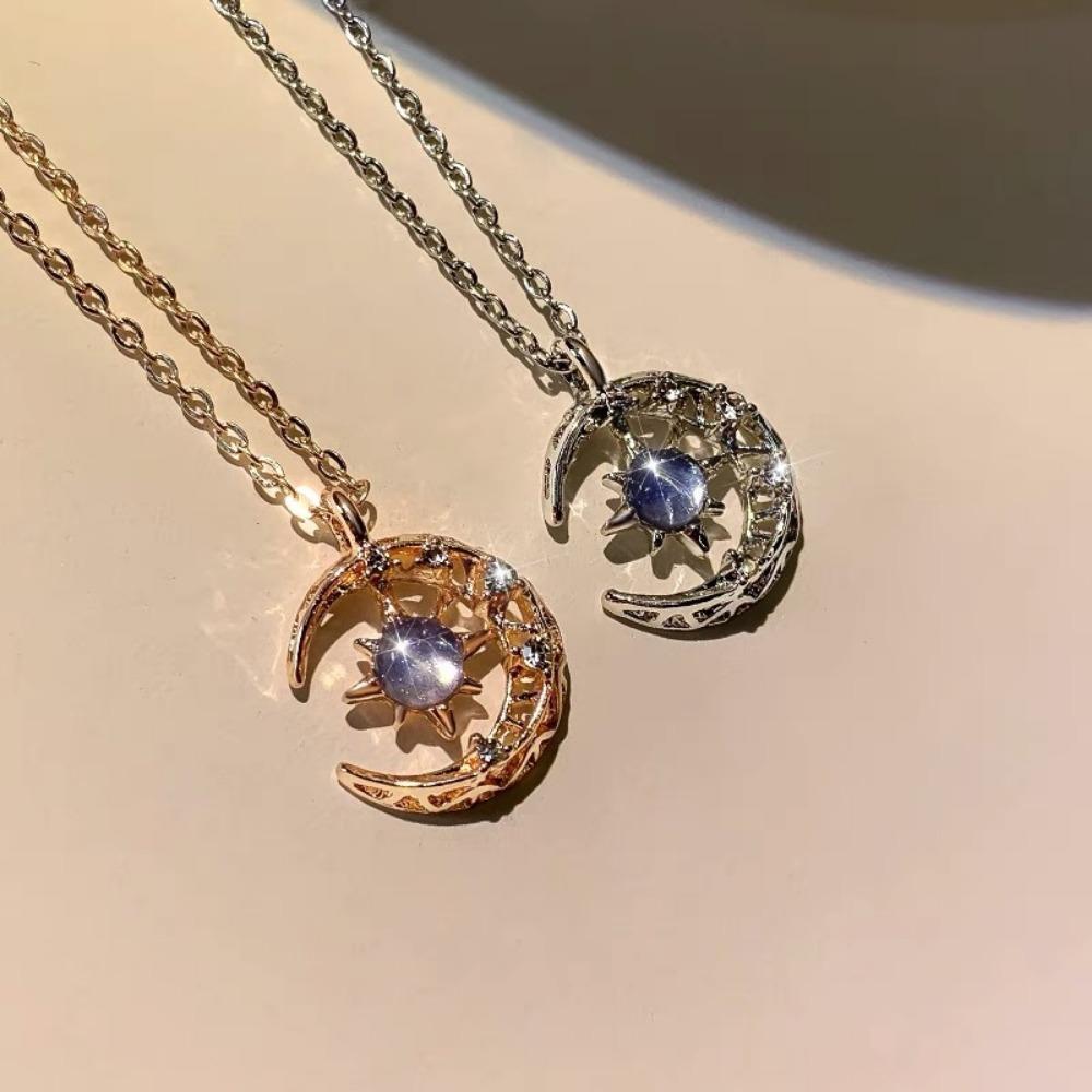 Simple Delicate Elegant Fashion Dream Star Sun Moon Moonstone Necklace Female Collar Chain Wedding Party Pendant NecklaceZircon