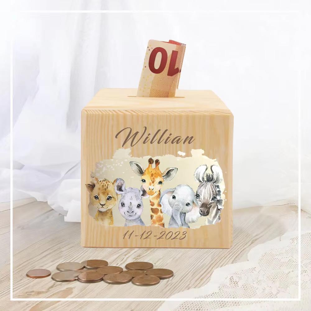 Spersonalizowana Skarbonka Zwierzę z Imieniem Skarbonki dla Dzieci Pudełko na Kolekcję Monet Drewniany Banknot Bank Dziecięce Urodziny Chrzciny Baby Shower Prezent