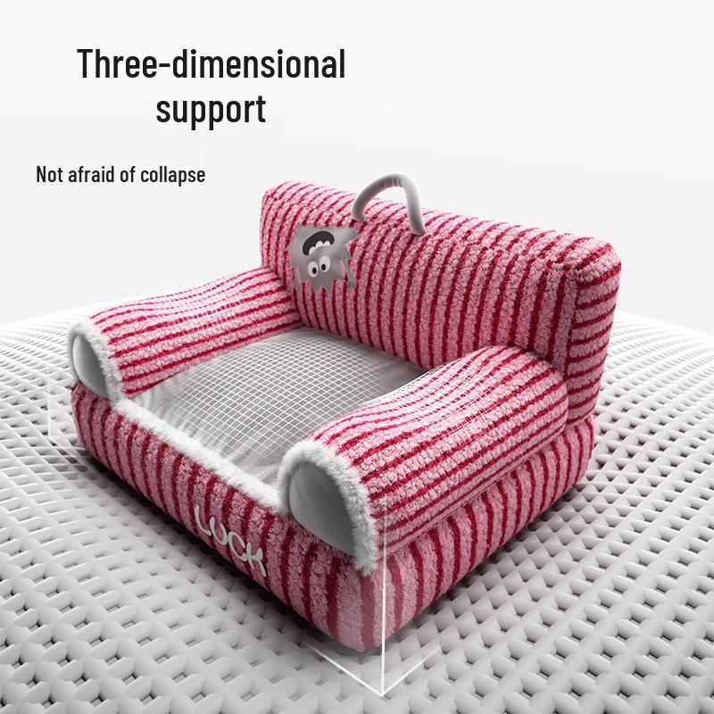 Plush Four Seasons Cat & Dog Bed - Cozy, Non-slip, Raised Striped Sofa for Autumn & Winter
