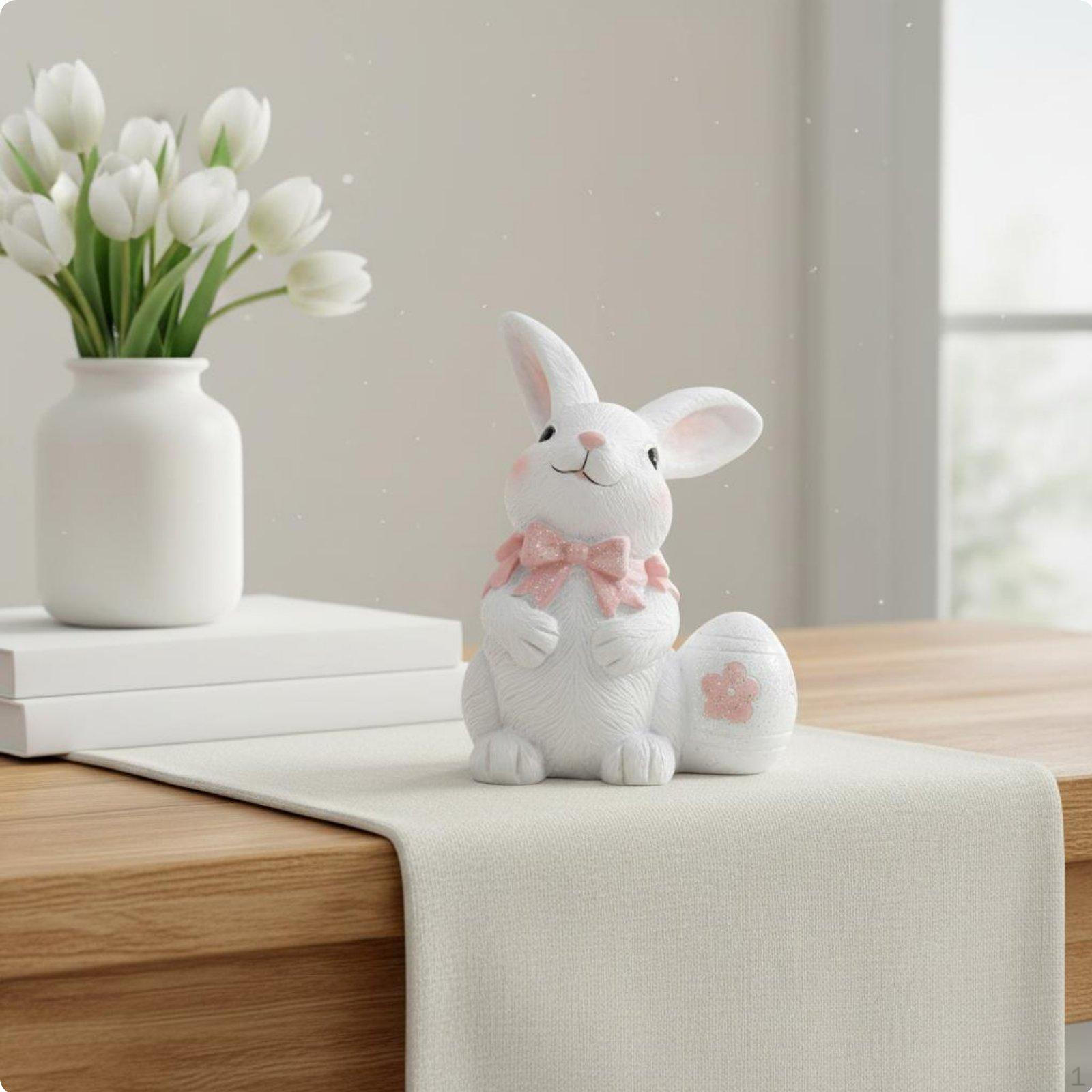 Easter Bunny Figurine Holiday Themed Pale Hare with Egg Ornament Handcrafted Look Resin Statue Bow Rabbit Place Egg