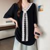 Women's Grey V Neck Black Lace Patchwork Loose Mid Length Short Sleeve Tunic Top