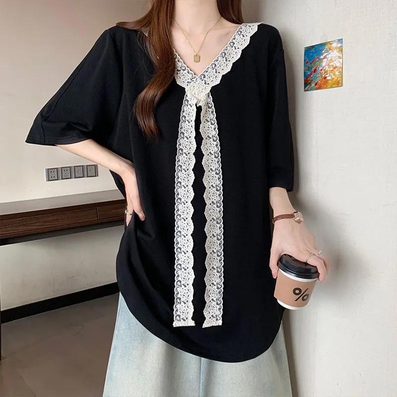 Women's Grey V Neck Black Lace Patchwork Loose Mid Length Short Sleeve Tunic Top