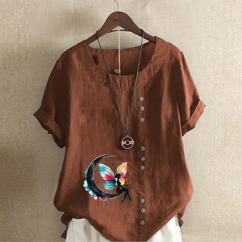 Women's Fashion Cute Butterfly Prined Short Sleeve T-shirt Loose Cotton Shirt Casual Loose Summer Blouse Tops Plus Size
