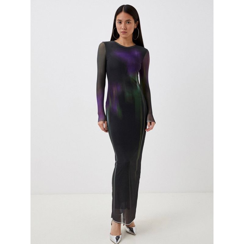 

Ru L XS-XL Size Artistic Sense Print Breathable Mesh Slim fit Slimming Long sleeve dress Tall Women Gradient black and purple XS