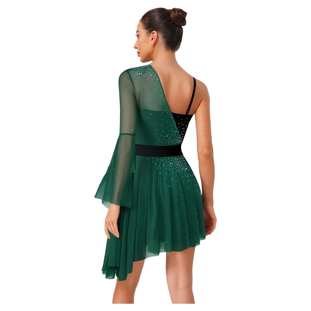 Womens Shiny Figure Skating Dress Color Block Mesh One Flare Sleeve Built In Briefs Irregular Leotard