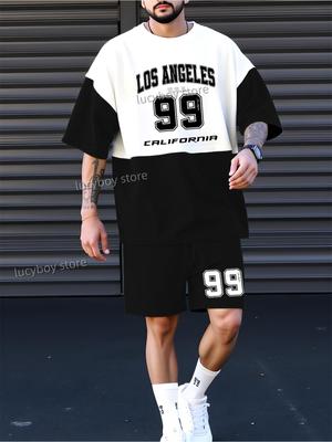 Summer Men Two-piece LOS ANGEL NO.99 Printed Casual Outdoor Sports Short-sleeved Drawstring Shorts Men's Clothing