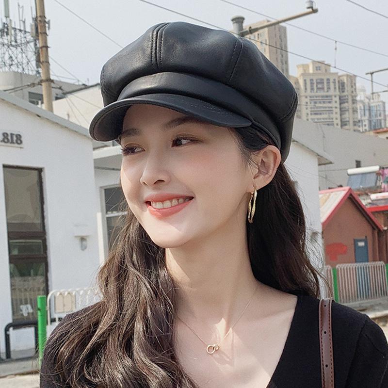 

Весенняя восьмиугольная кепка из натуральной кожи для женщин, кепка художника газетчика, винтажный берет, женский черный Boinas, шляпа в английском стиле, повседневная шляпа