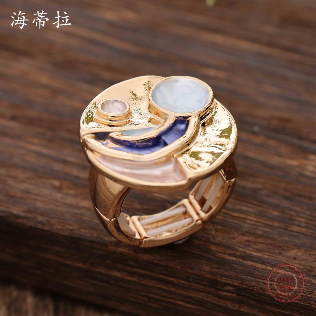 Neuer Farbanstrich Öl runder geometrischer Sonne, Mond und Sternenhimmel Legierungsring, modischer und hochwertiger vielseitiger Ring