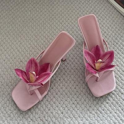 Fashion Liyke Fashion Orchid Flower Square Toe Party Prom Slippers For Woman Mules Shoes Pink Satin Clip On Low Heels Beach Flip Flops