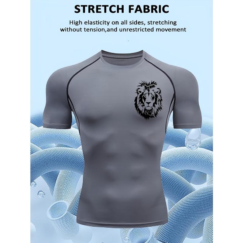 Mens Compression Short Sleeve T-Shirt White Lion Head Graphic Stretch Fabric Quick Dry Breathable High Elasticity Gym And Running Athletic Top
