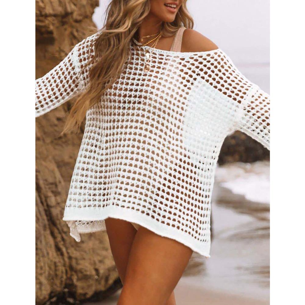 

Сексуальный вязаный свитер, женская блузка с вырезами, пляжное бикини для отпуска в сочетании со свободной пляжной рубашкой для защиты от солнца S белый