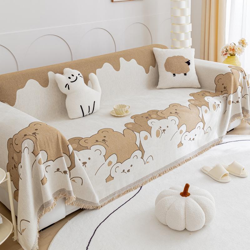 Cartoon Bear Sofa Towel Tassel All Inclusive Non Slip Cover Living Room Universal Comfortable Dustproof Cushion Machine Washable
