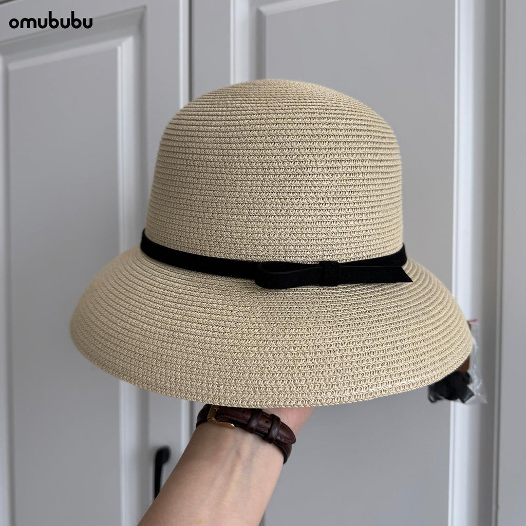 French bow bell straw hat women's beach sun hat small holiday sun hat