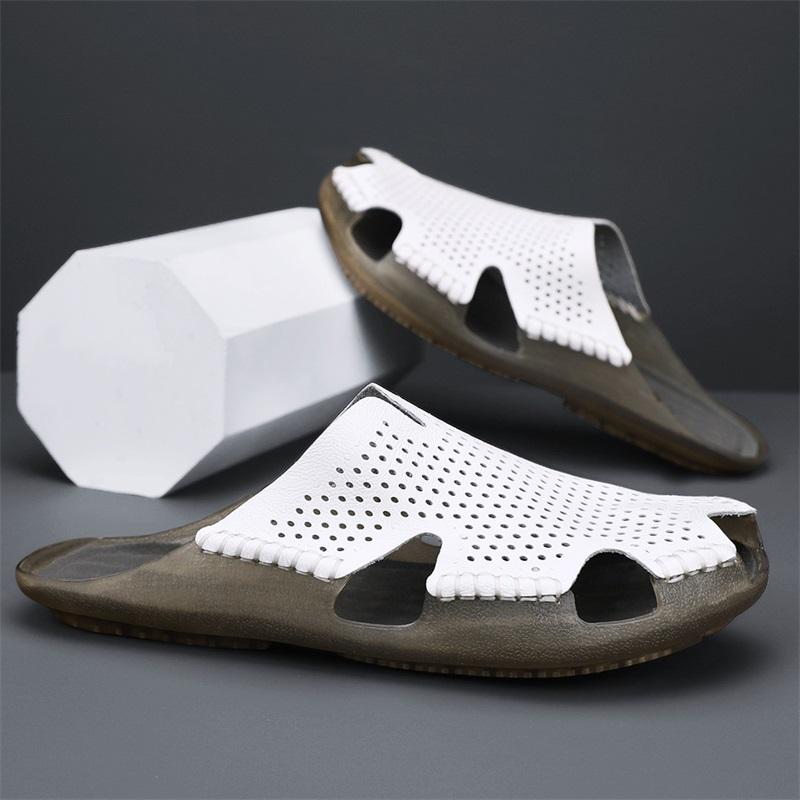 Fashion Quick Dry Men's Leather Slides Comfortable Male Slippers Anti-Slip Outdoor Half Drag Handmade Hollow Out Sandals Man Flip Flops