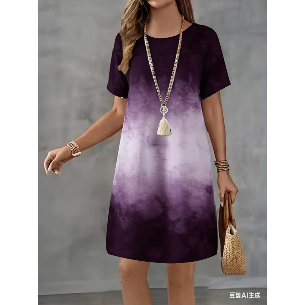 Classic Black and White Gradient Tie-dye Printed Long-sleeved Casual Mini Dress for Large Size Women In Summer, Suitable for Short Sleeves.
