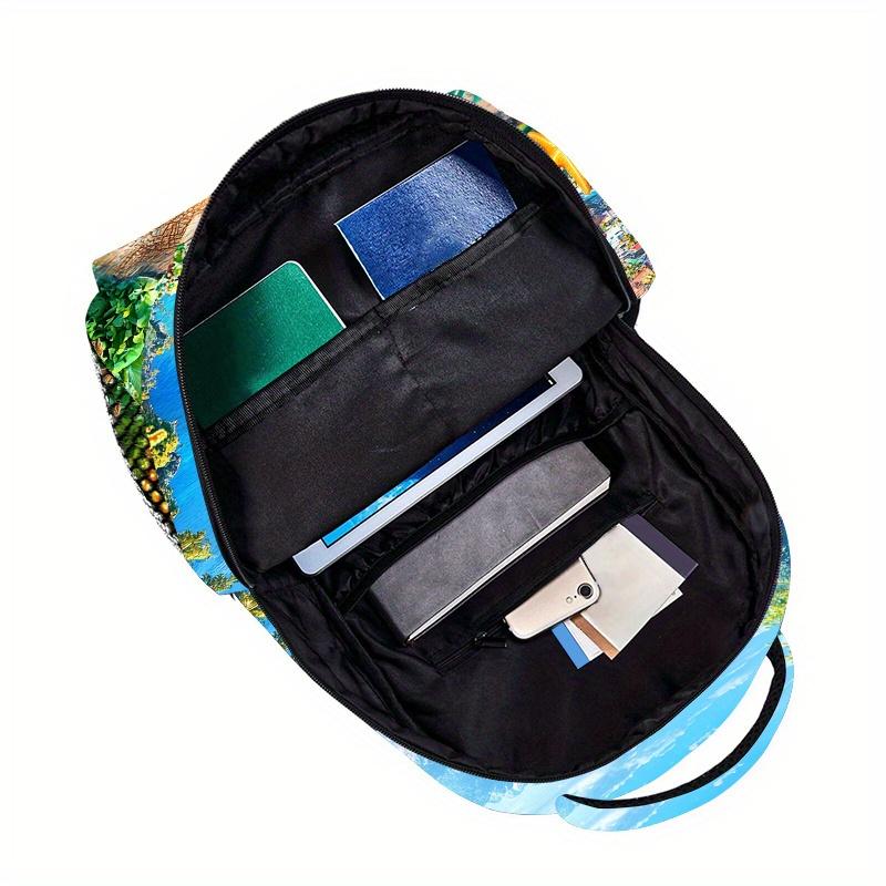 Large Capacity Sea Turtle & Beach Landscape Backpack - Adjustable Strap, Multiple Compartments, Lightweight Polyester Lining, Id