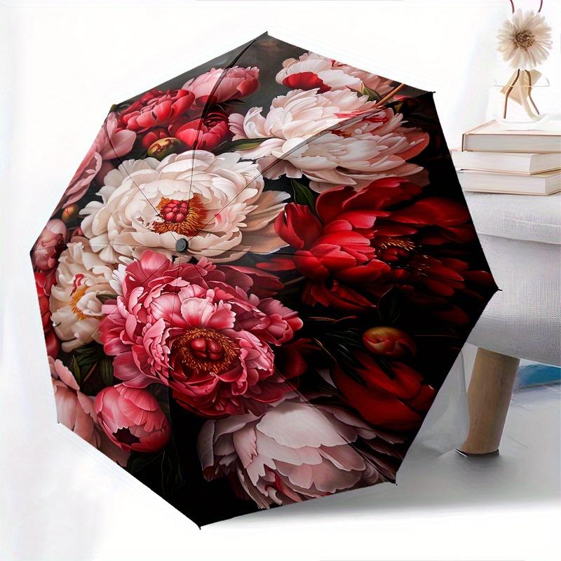 Blumenarrangement Pfingstrosen Thema 8 Knochen Hand Automatisches Faltschirm, Kompaktes und Tragbares Design, Ein Perfektes Geschenk für Geburtstag, Weihnachten