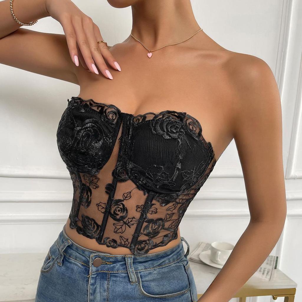 2023 European & American INS Style Lace Mesh Rose Tube Top Vest