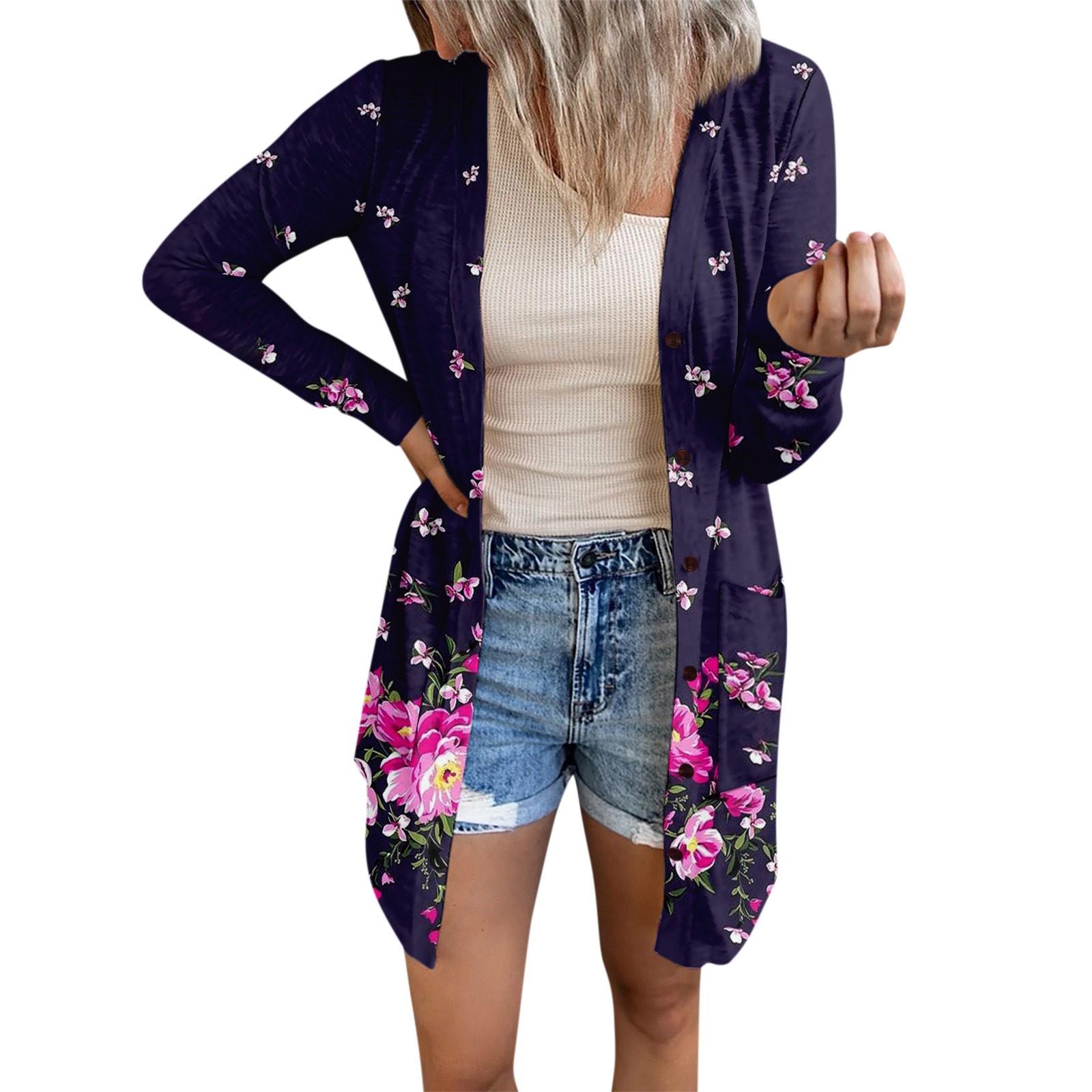 

Женская модная повседневная куртка с длинными рукавами и принтом средней длины, кардиган на пуговицах, пальто M фиолетовый