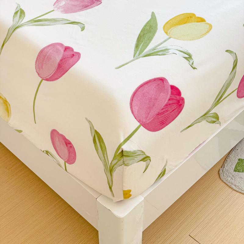 Queen Bed Sheets Set Tulips Printed drap de lit Floral Flower Style Fitted Sheet with Elastic Band Single Bed Linen for King Bed