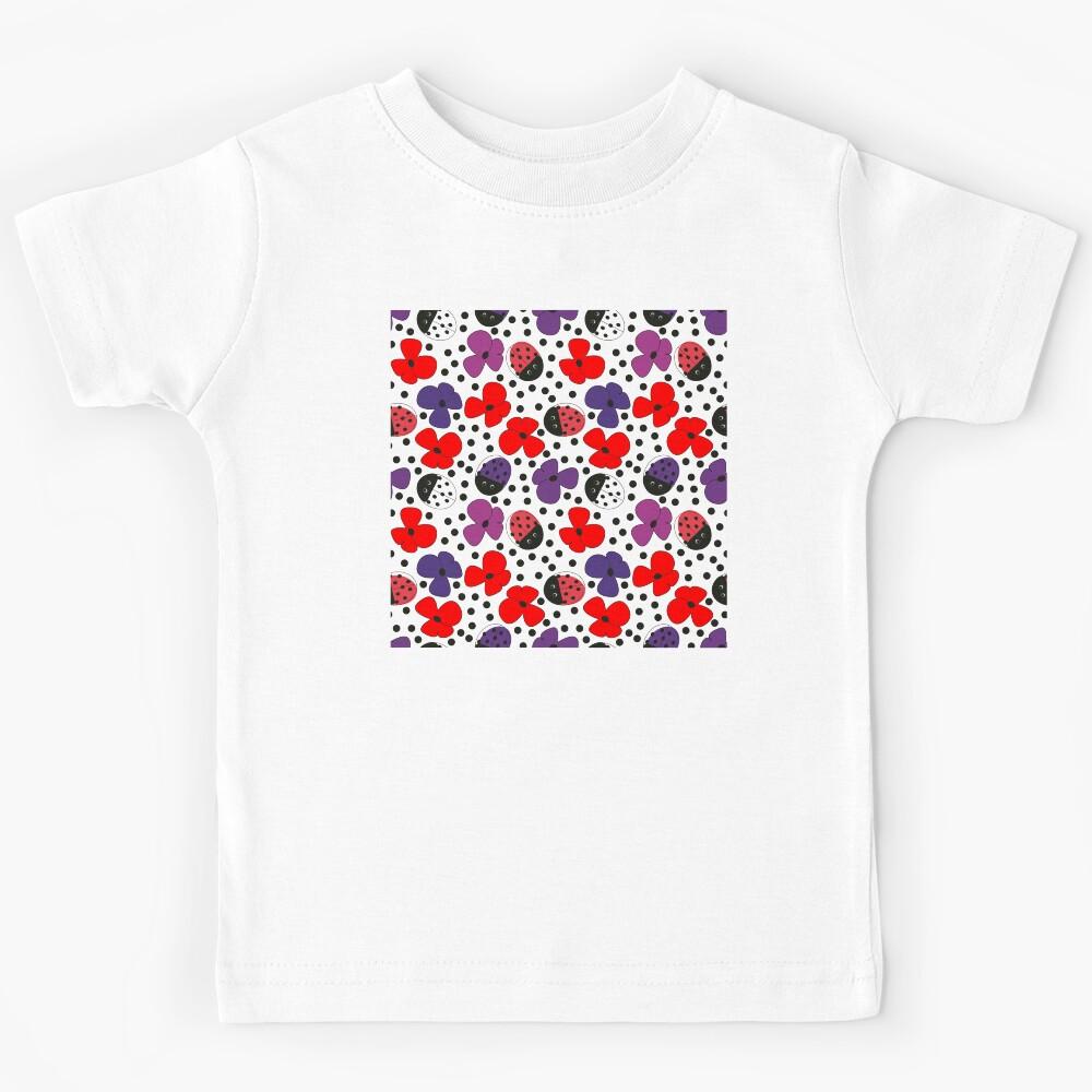 Abstract Flower Blossoms and Ladybug Beetles Seamless Repeat Pattern Print Kids T-Shirt 160