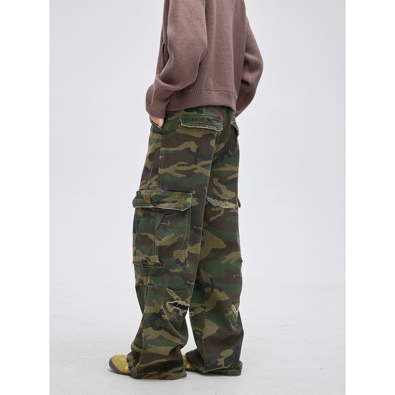 Black of Exit American Street Style Distressed Camouflage Patchwork Straight-Leg Cargo Pants Trendy Casual Pants for Men