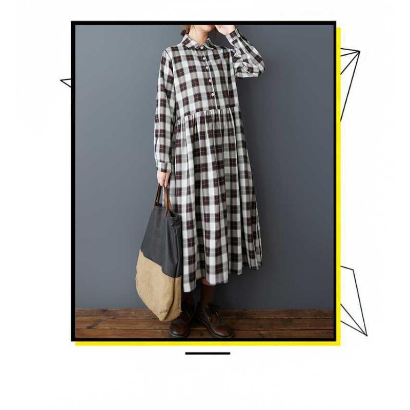 Women's Loose and Age Reducing Plaid Collar Mid Length Dress