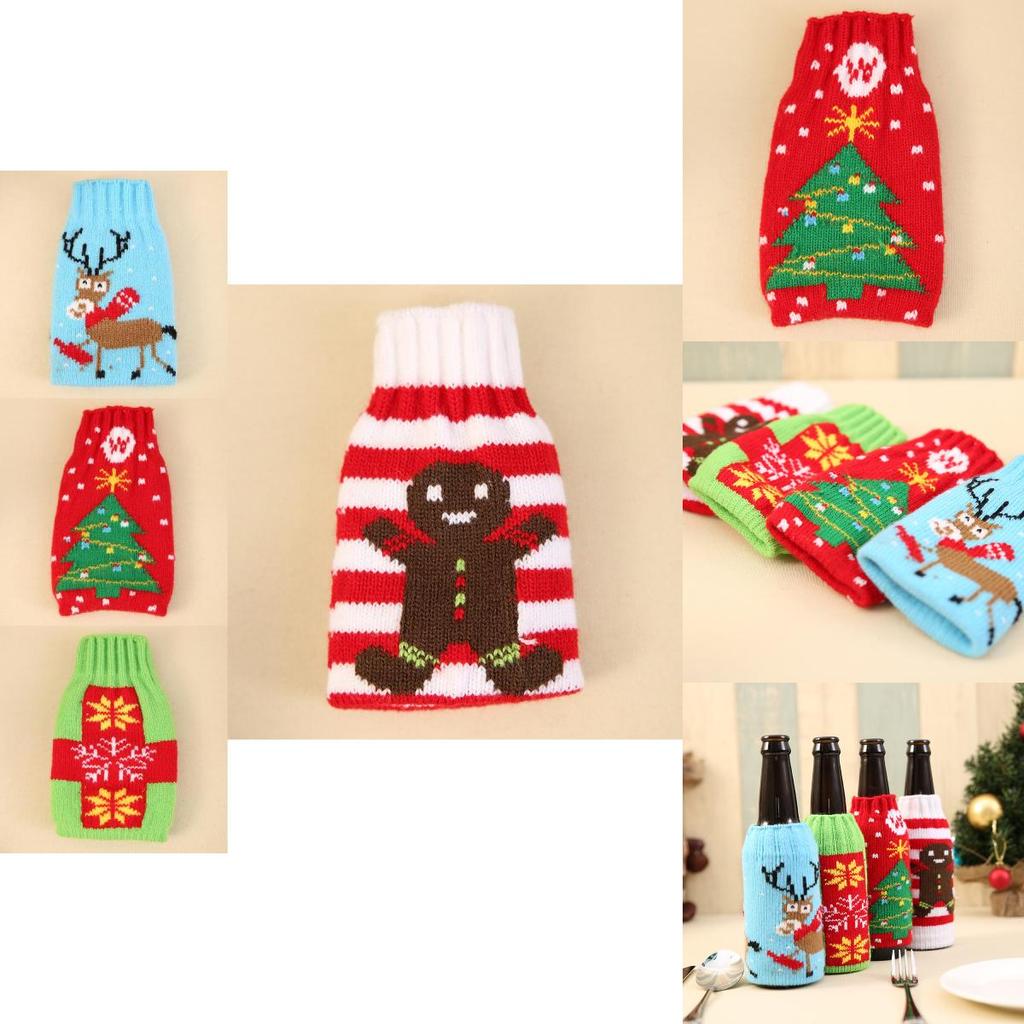 Hochwertiges gestricktes Weihnachts-Bierflaschenhüllen-Set mit festlichen Schneeflocken- und Rentier-Designs zur Feiertagsdekoration