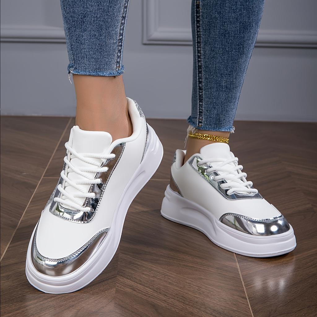 Women's Sequin Decorative Casual Sneaker, Lace-up Lightweight Soft Sole Walking Skateboard Shoes, Low-Top Comfortable