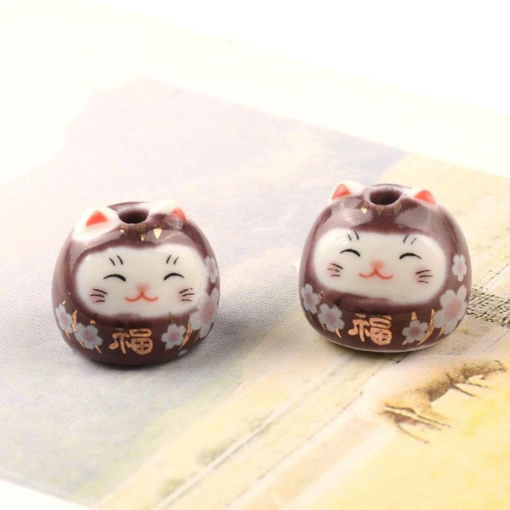 2pcs With Hole Cat Ceramic Ornament Colorful Blessing Cat Beads Cat Ceramic Beads  Jewelry Making