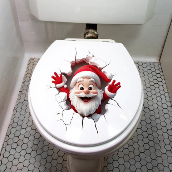 Festive Store Atmosphere Decor Christmas Toilet Sticker, Funny Santa Claus Lid Tank 3D Hole Effect Wall Art Self-Adhesive Waterproof PVC Decal