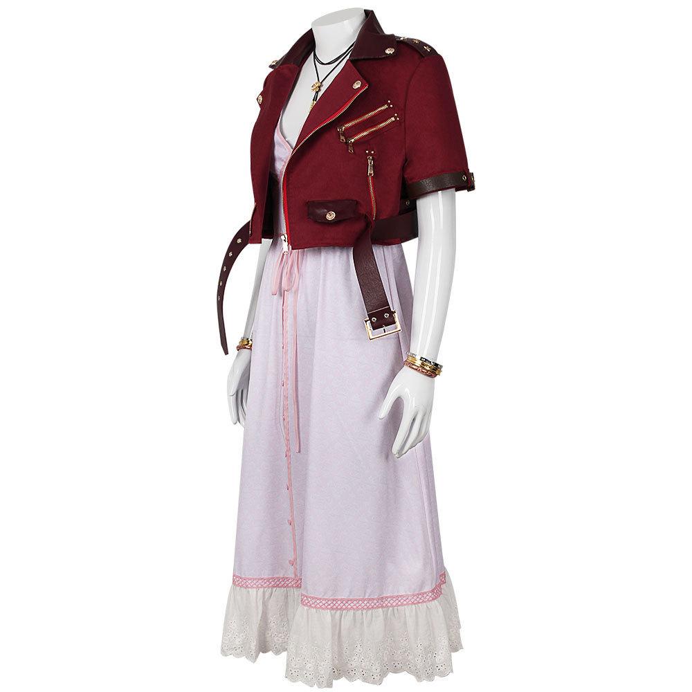Final Fantasy 7 Aerith Gainsborough Cosplay Costume With Denim Outfit For Game Anime Role Play