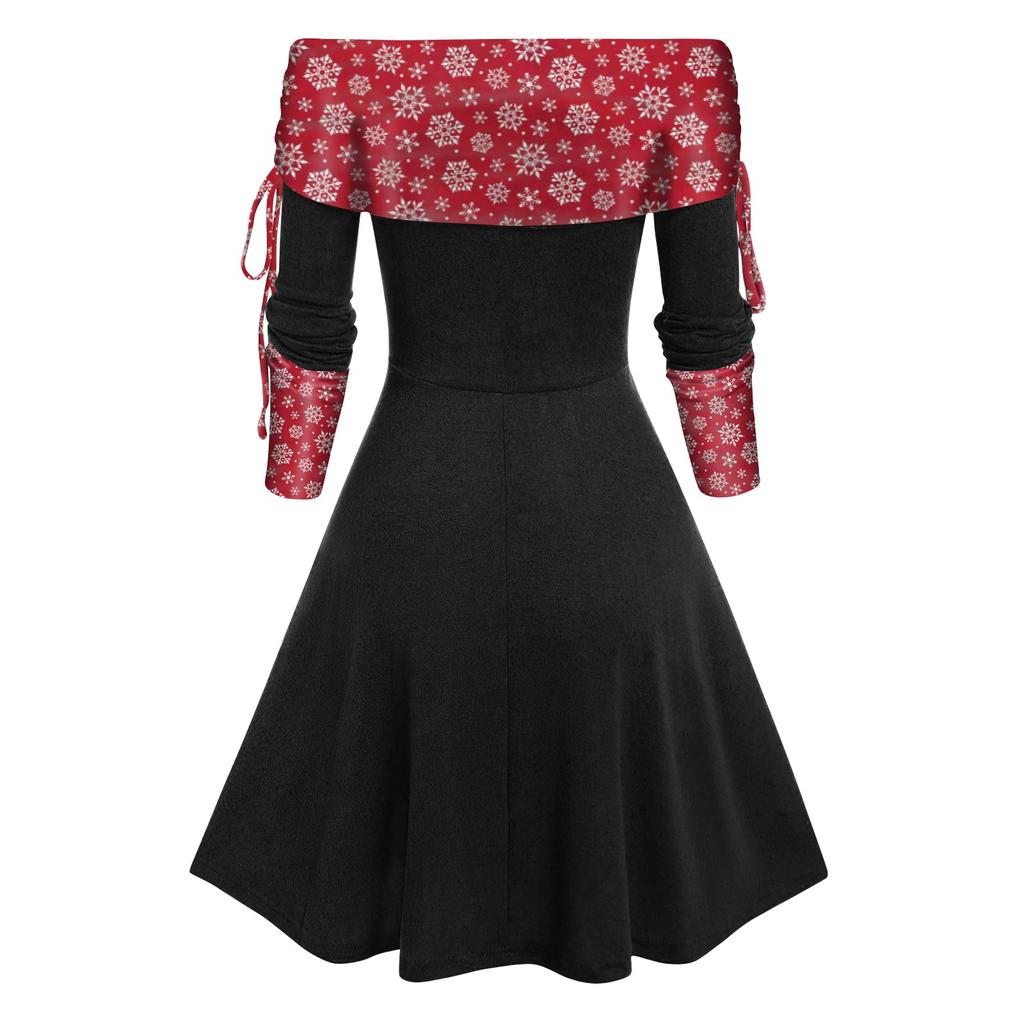 Convertible Neck Cinched Striped Flare A Line Dress Long Sleeve Dress For Women