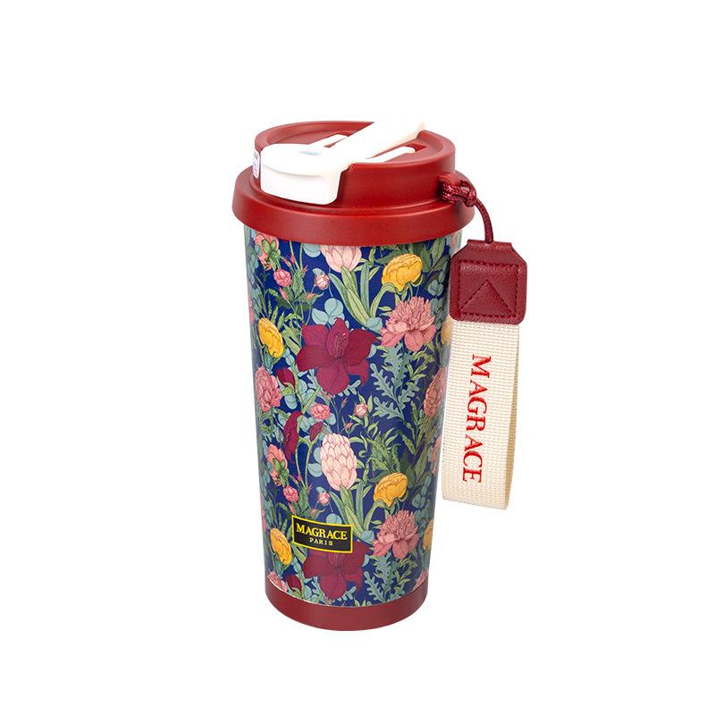 2025 500ML High-end Midsummer Garden Straw Thermos Cup Original Pattern Women's 316 Stainless Steel Water Cup Gift Cup