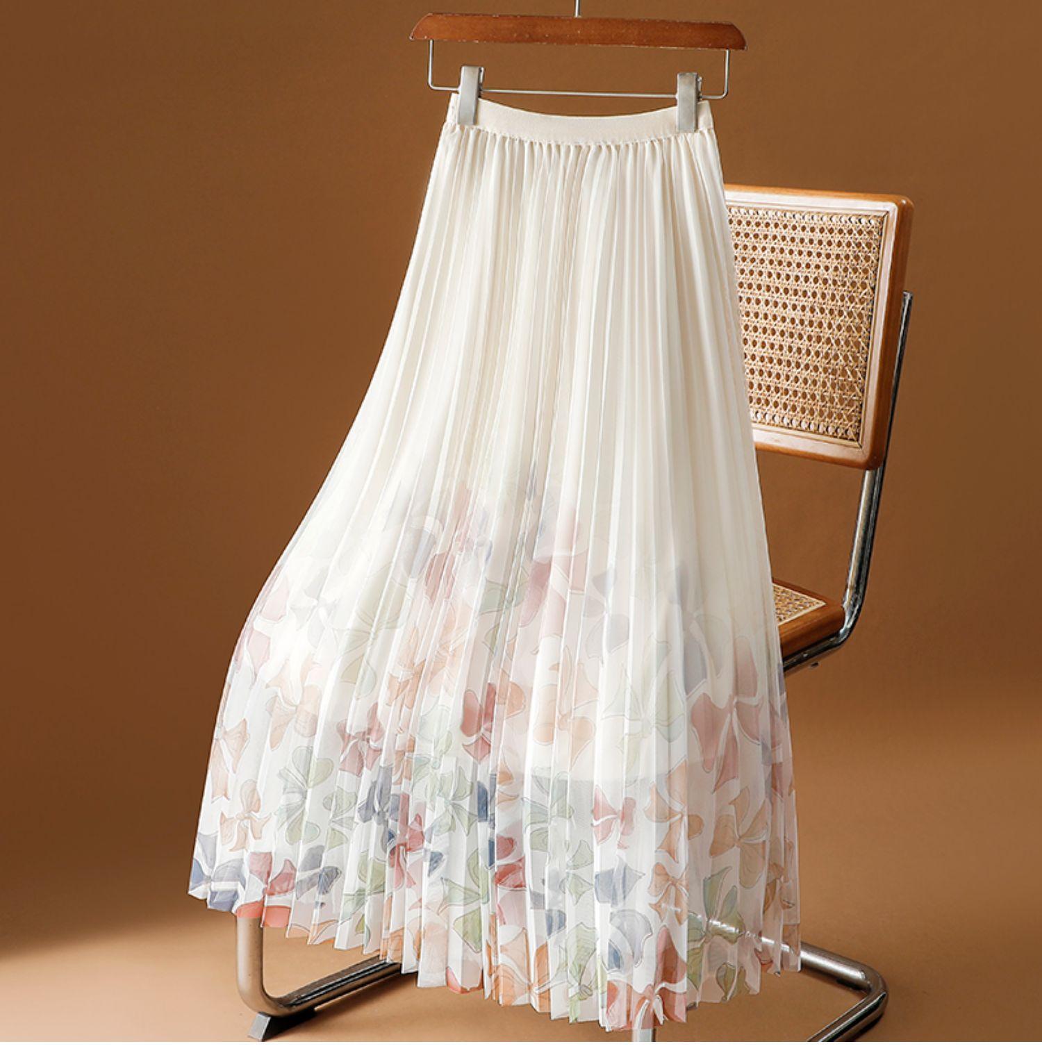 

Юбка из сетчатого принта, женская, весна-лето 2025, новая юбка из цветочного газа, юбка средней и длинной длины, плиссированная юбка с драпировкой, юбка А-образного силуэта one size fits all