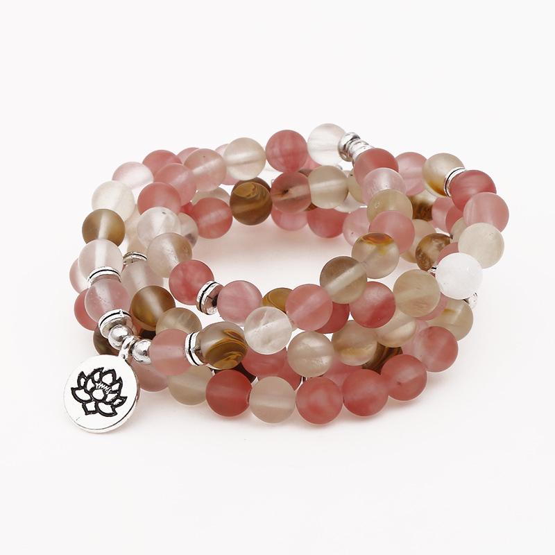 European & American Style Watermelon Rind Bracelet with 108 Buddhist Beads and Lotus Tree of Life Pendant