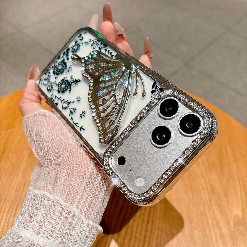 Glitter Diamond Flower Butterfly Case for For Iphone 16 1 14 13 17 Pro Max Air Plus 12 Plating Bling Rhinestone Phone Cover