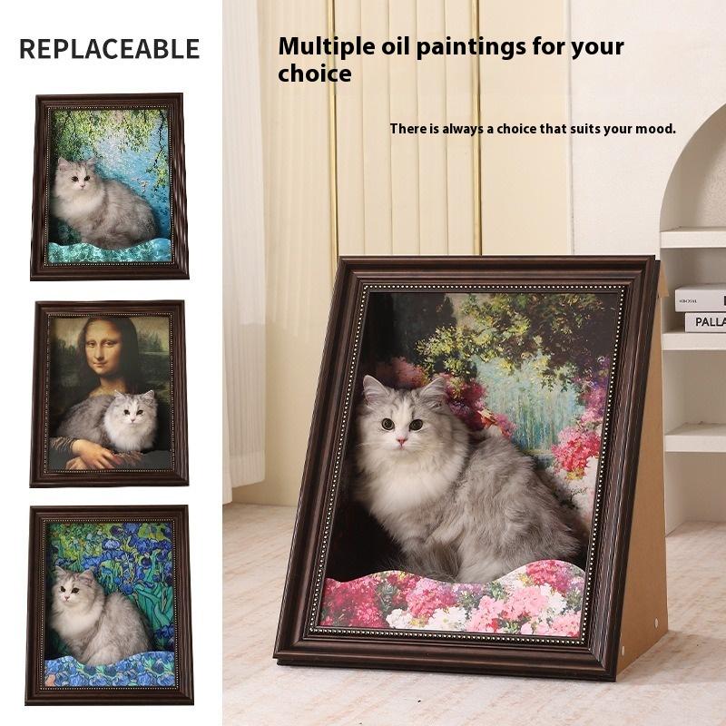 Iris Oil Painting Cat Bed with Replaceable 3D Frame Cat Scratching Board Creative Pet House Scratcher for Cats
