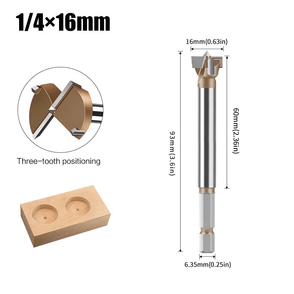 10mm to 50mm Professional Hexagonal Shank Woodworking Hinge Boring Bit Tungsten Carbide Blade Three-Tooth Double Blade Design