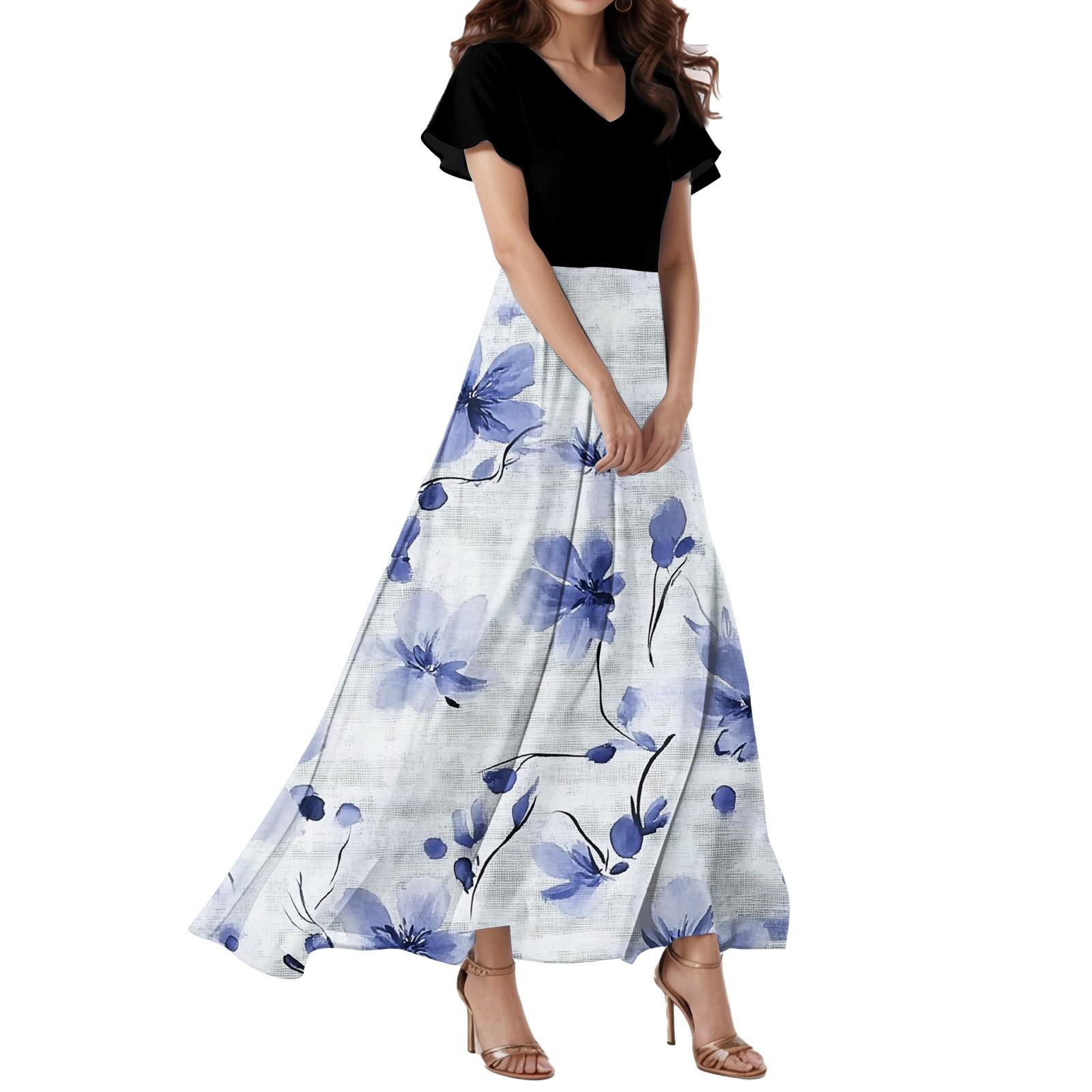 Elegant Women s Floral Maxi Dress V-Neck Short Sleeve A-Line Long Dress for Casual and Formal Occasions L