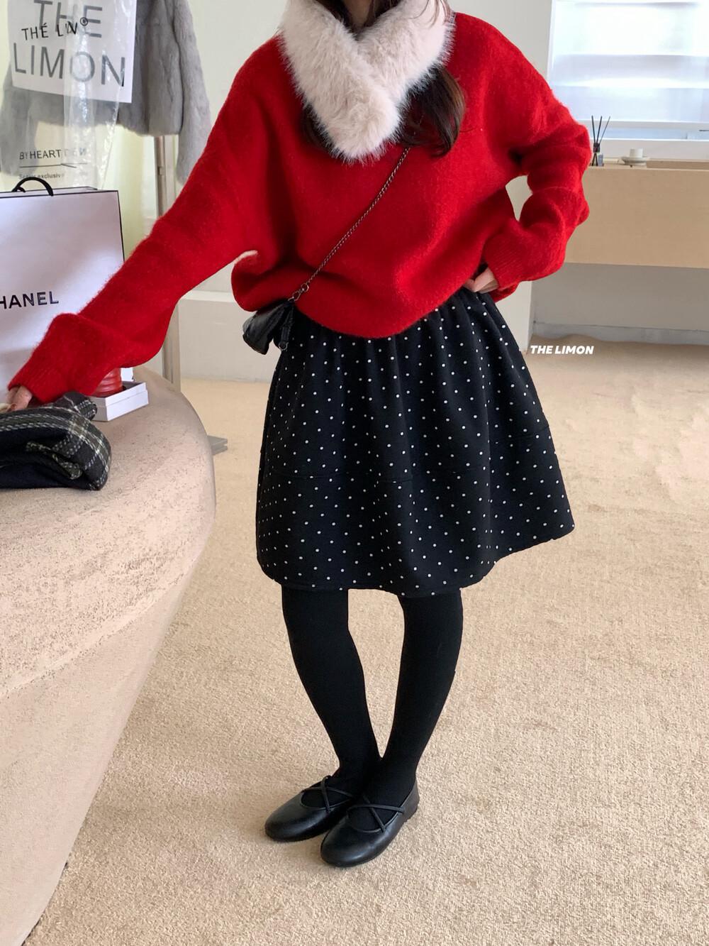 Thelimon Women s Polka Dot Fluffy Midi Skirt - Korean Style Lemon Green, Winter 2025 Large
