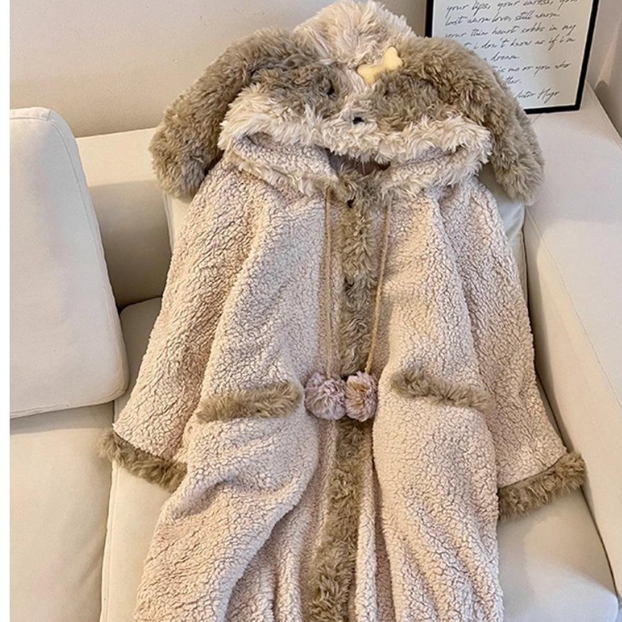 Women's Cute Bear Pajama Set: Coral Fleece, Thickened Cardigan Robe for Autumn/Winter 2025